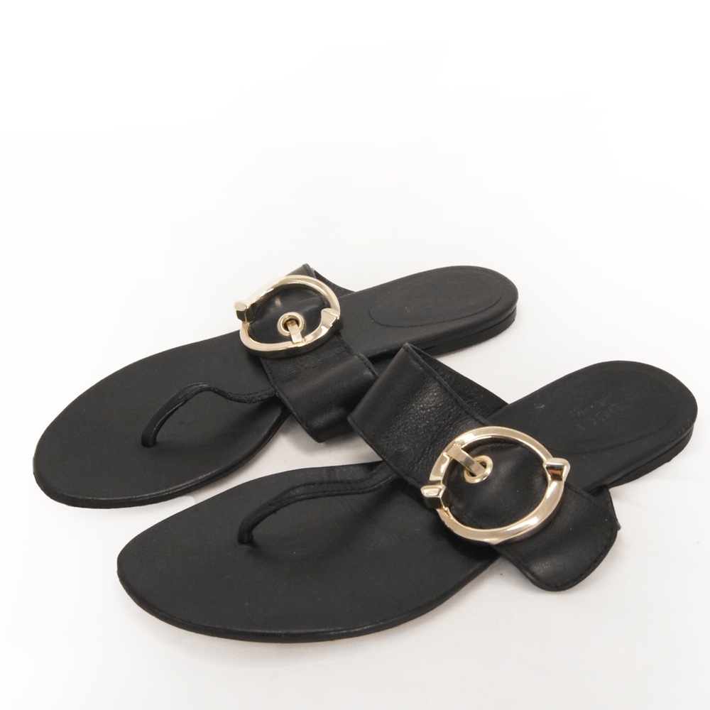 Gucci Black Leather Gold Buckle Flat Thong Sandal Shoes